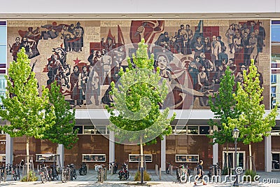 Historic socialist realist mural. Mosaic in the city center of Dresden. Editorial Stock Photo