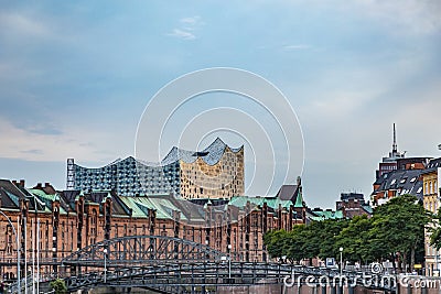 Historic Speicherstadt in Hamburg, an UNESCO world heritage site with Elb Philharmony Editorial Stock Photo