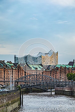 Historic Speicherstadt in Hamburg, an UNESCO world heritage site with Elb Philharmony Editorial Stock Photo