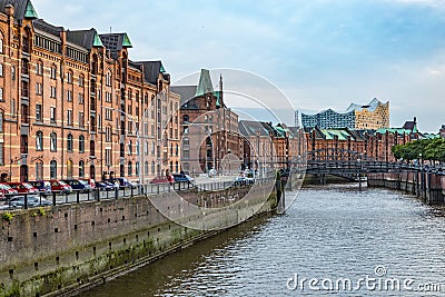 Historic Speicherstadt in Hamburg, an UNESCO world heritage site with Elb Philharmony Editorial Stock Photo