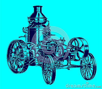 Antique steam road locomotive, tractor with water tank in quarter view Vector Illustration