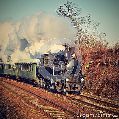 Historic steam train. Specially launched Czech old steam train for trips and for traveling around the Czech Republic. Stock Photo