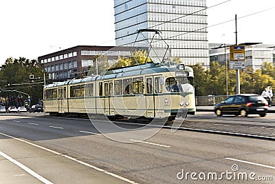 Historic streetcar, trolley at the bridge in Frankfurt Editorial Stock Photo