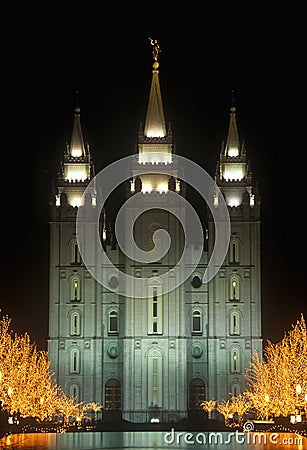 Historic Temple and Square in Salt Lake City at night, during 2002 Winter Olympics, UT Editorial Stock Photo