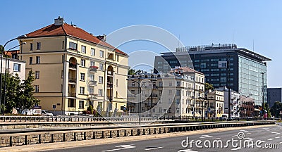 Historic houses and Focus Filtrowa office complex at Wawelska street and Niepodleglosci Avenue junction in Warsaw in Poland Editorial Stock Photo