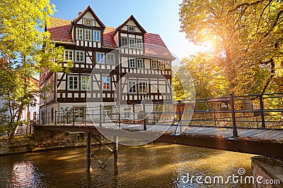 Historic timber house by river Gera in inner Erfurt in Germany Stock Photo