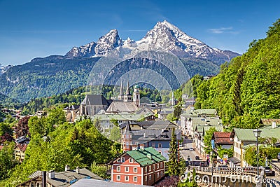 Historic town of Berchtesgaden with Watzmann mountain in spring, Berchtesgadener Land, Upper Bavaria, Germany Editorial Stock Photo