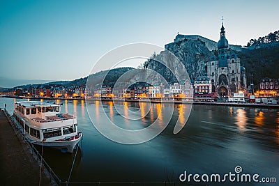 Historic town of Dinant with river Meuse at night, Wallonia, Belgium Stock Photo