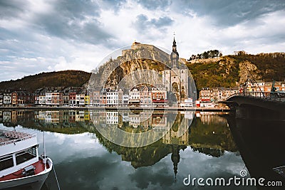 Historic town of Dinant with river Meuse at sunset, Wallonia, Belgium Stock Photo
