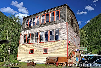 Historic Town Hall in Sandon Ghost Town in the Selkirk Mountains, Interior British Columbia, Canada Editorial Stock Photo