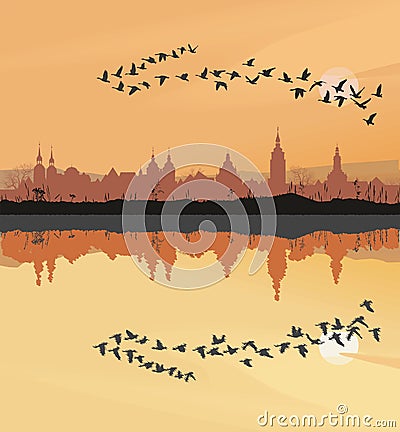Historic towns and migrating geese Vector Illustration