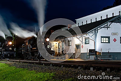 Historic Train Depot + Long Exposure Night View of Antique Shay Steam Locomotives - Cass Railroad - West Virginia Stock Photo