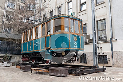 Historic utility tram snow remover exposed in Iasi Editorial Stock Photo