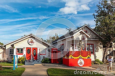 Historic vintage building, street at downtown old town spring . A city inear houston in old vintage style with wooden colorful Editorial Stock Photo