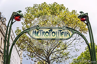 Historic vintage subway sign in the center of a European city. Paris, France, 09/10/2019 Editorial Stock Photo