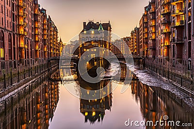 Historic warehouses at the Speicherstadt Stock Photo