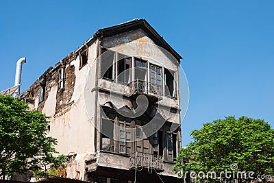 Historic wooden facade of a building ruin in old town of Damascus Stock Photo