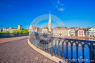 Historic Zurich city center with famous Fraumunster Church, Limmat river and Zurich lake, Zurich, Switzerland Editorial Stock Photo