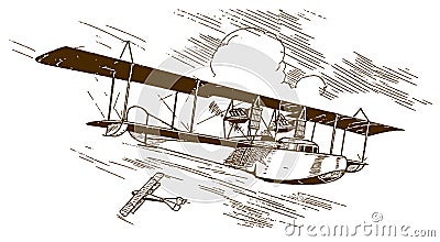 Historical aerial mail service biplane flying boat Vector Illustration