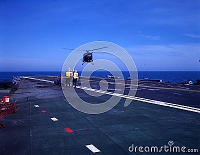 ara, aircraft carrier 25 de mayo, argentine navy, year 1982 malvinas war, falklands, helicopter landing with soldiers Stock Photo