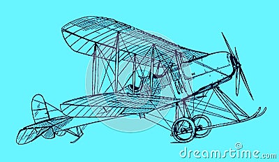 Historical british single-engine tractor two-seat biplane in side view on a blue background Vector Illustration