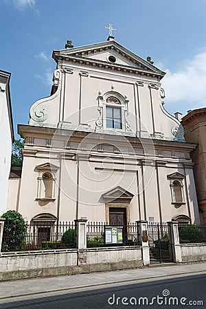 Historical building with intricate white facade in Poland, Krakow Editorial Stock Photo