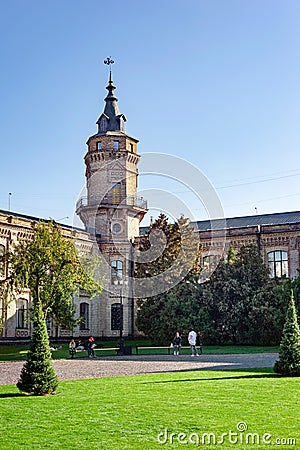 Historical building of the Kiev Polytechnic University Igor Sikorsky. Fragment of the main building of the KPI in the evening. Editorial Stock Photo