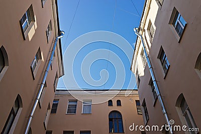 Historical buildings of St. Petersburg built in tight squares, called courtyards-wells Stock Photo