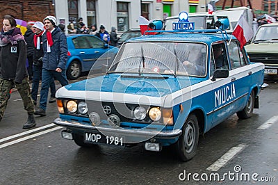 Historical car of Milicja at National Independence Day in Gdansk in Poland. Celebrates 99th anniversary of independence. Editorial Stock Photo