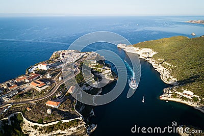 Aerial view of entrance into Bonifacio port from the sea, Corsica island Stock Photo