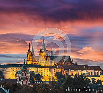 Historical center of Prague durin beautiful sunset with castle, Czech Republic Stock Photo