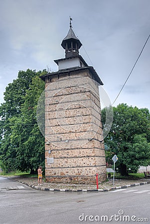 Historical clock tower in Etropole, Bulgaria Stock Photo