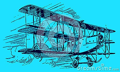 Historical commercial single-engine tractor triplane flying in a cloudy sky on a blue background Vector Illustration