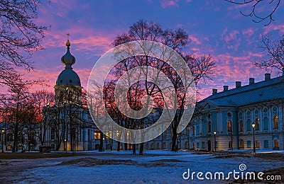 Historical cultural building in baroque style, Saint Petersburg, Russia. Sunrise, early winter morning. Travel destinations Stock Photo