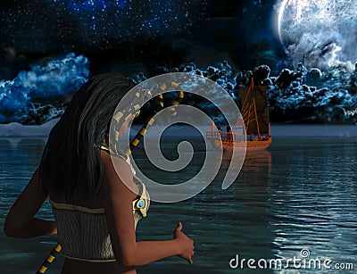 A historical Egyptian woman watching an ancient Egyptian boat Stock Photo