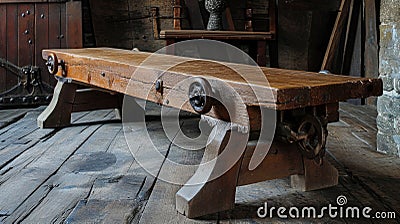 Historical Endurance: Medieval Stretching Bench Reflects bygone Physical Trials Stock Photo