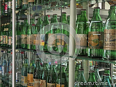 Historical exposition. Vintage glass bottles from the mineral water of the city of Pyatigorsk Editorial Stock Photo