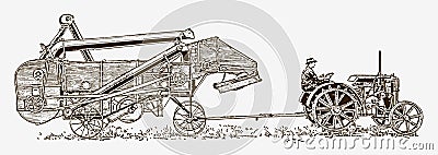 Historical farmer sitting on a tractor pulling an attached thresher, in side view Vector Illustration