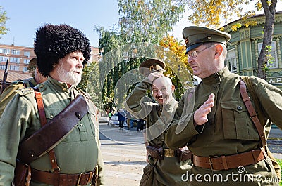 Historical festival dedicated to the events of the Russian civil war. A group of participants in the White army uniform Editorial Stock Photo