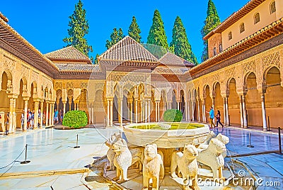 Historical Lion Fountain, Court of Lions, Nasrid Palace, Alhambra, Granada, Spain Editorial Stock Photo