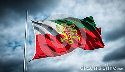 Historical Lithuanian flag waving wind cloudy sky lithuania blazonry symbol pole colours country emblem government blue heraldic Stock Photo