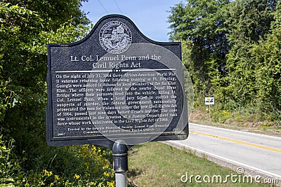 A historical marker where Lt. Col. Lemuel Penn, an African American WWI veteran, was murdered by the Ku Klux Klan Editorial Stock Photo