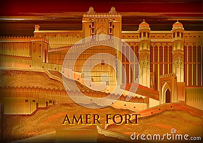 Historical monument Amer Fort in Amer, Rajasthan, India Vector Illustration