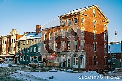 Historical Old Port, a district of Portland, Maine, known for its cobblestone streets, 19th century brick buildings and fishing Editorial Stock Photo