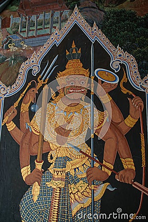 Historical paintings at the Temple of the Emerald Buddha and Grand Palace in Bangkok Editorial Stock Photo