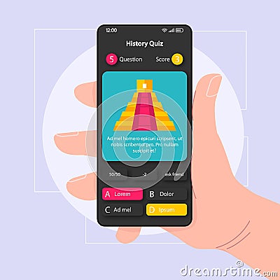 Historical quiz smartphone interface vector template. Mobile app page black design layout. History test screen. Flat UI Vector Illustration