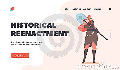 Historical Reenactment Landing Page Template. Viking Woman, Personage of Nordic Legends. Scandinavian Female Warrior Vector Illustration