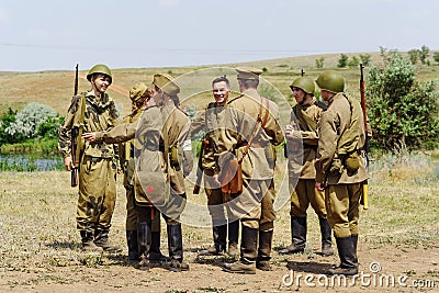 Historical reenactors in the uniform of the Red Army soldiers during the Second World War Editorial Stock Photo