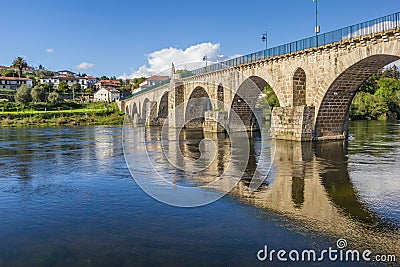 Historical roman bridge in Ponte da Barca Stock Photo