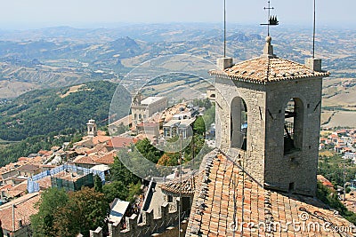 Historical sights of Italy, San Marino. Beautiful panoramic view from the tower of Guaita Fortress on a summer nice day. Europe Stock Photo